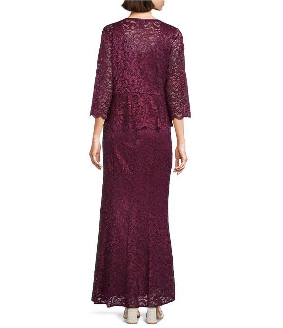 R & M Richards Petite Size Scallop Lace Charmeuse Metallic Mermaid Jacket Dress Product Image