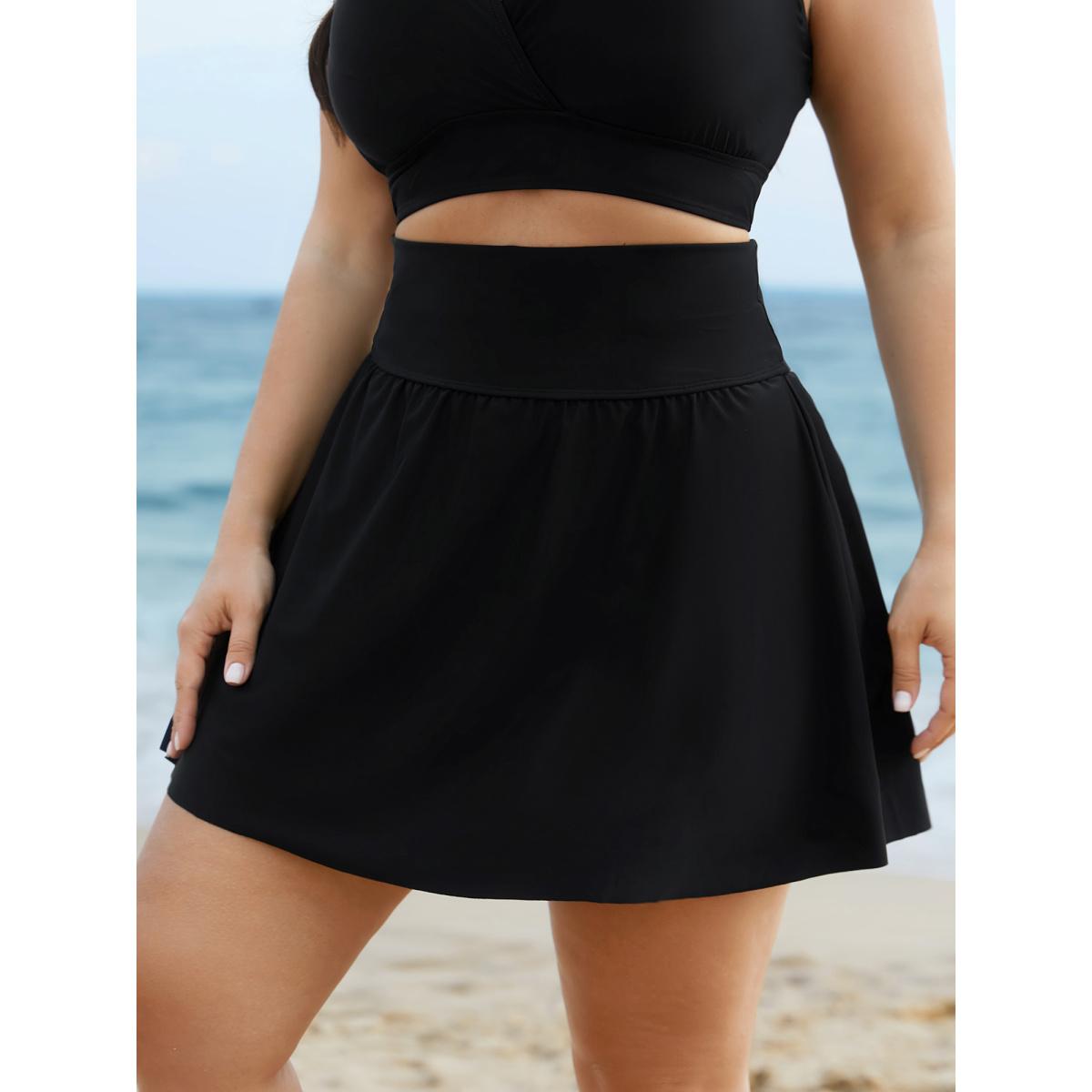 Plus Size Solid Pocket Flared Swim Skirt Women's Swimwear Black Beach High stretch Bodycon High Rise Side seam pocket Curve Swim Bottoms BloomChic 12/L Product Image