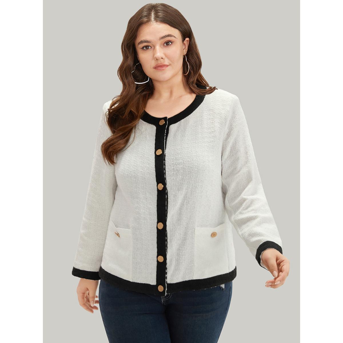 Plus Size Two Tone Tweed Buckle Detail Pocket Blazer White Women Office Plain Texture Sleeve Long Sleeve Round Neck 14-16/1X Pocket Work From Home Blazers BloomChic Product Image