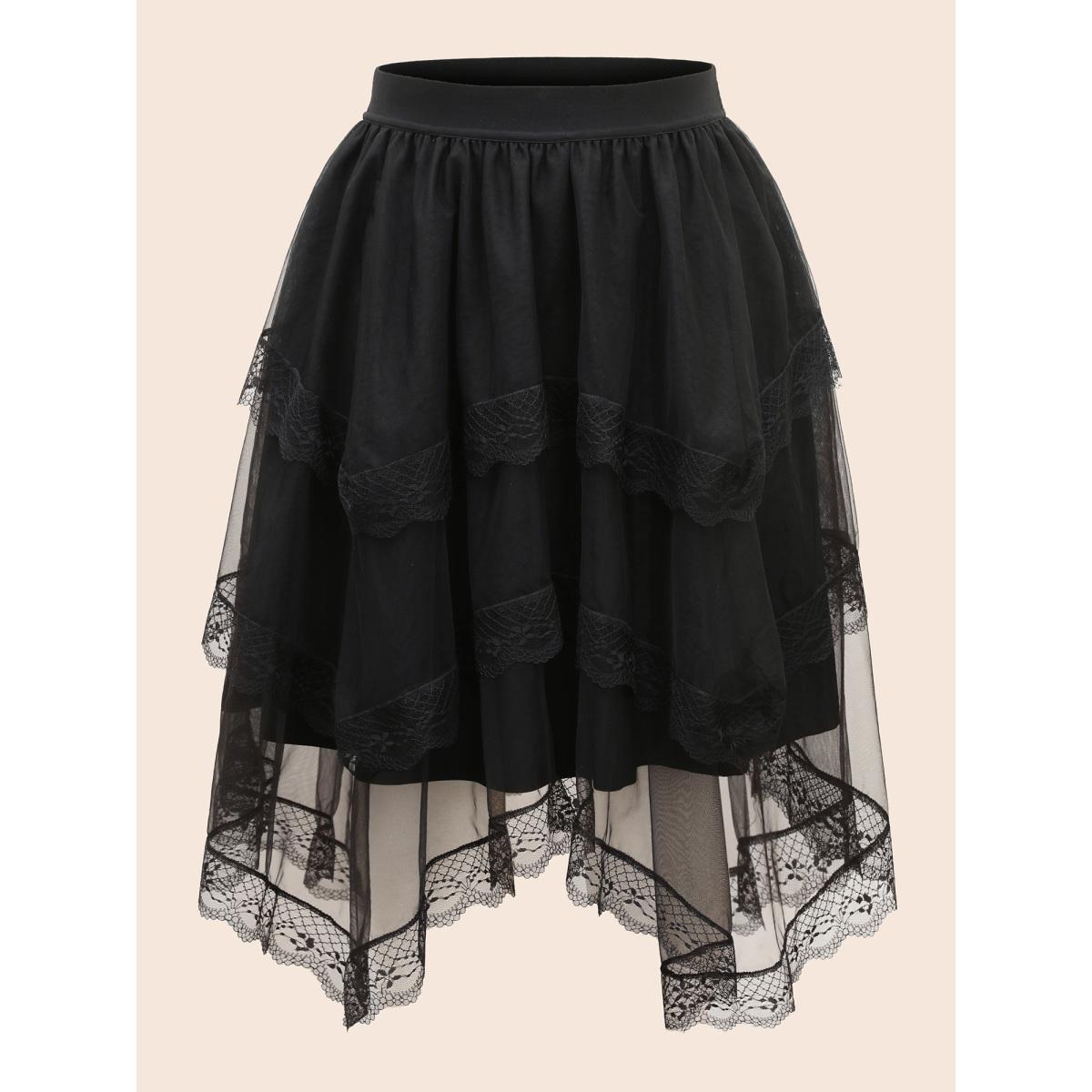 Plus Size Gothic Laced Asymmetrical Hemline Skirt Women Black Cocktail See through No stretch Side seam pocket Party Skirts BloomChic 12/L Product Image