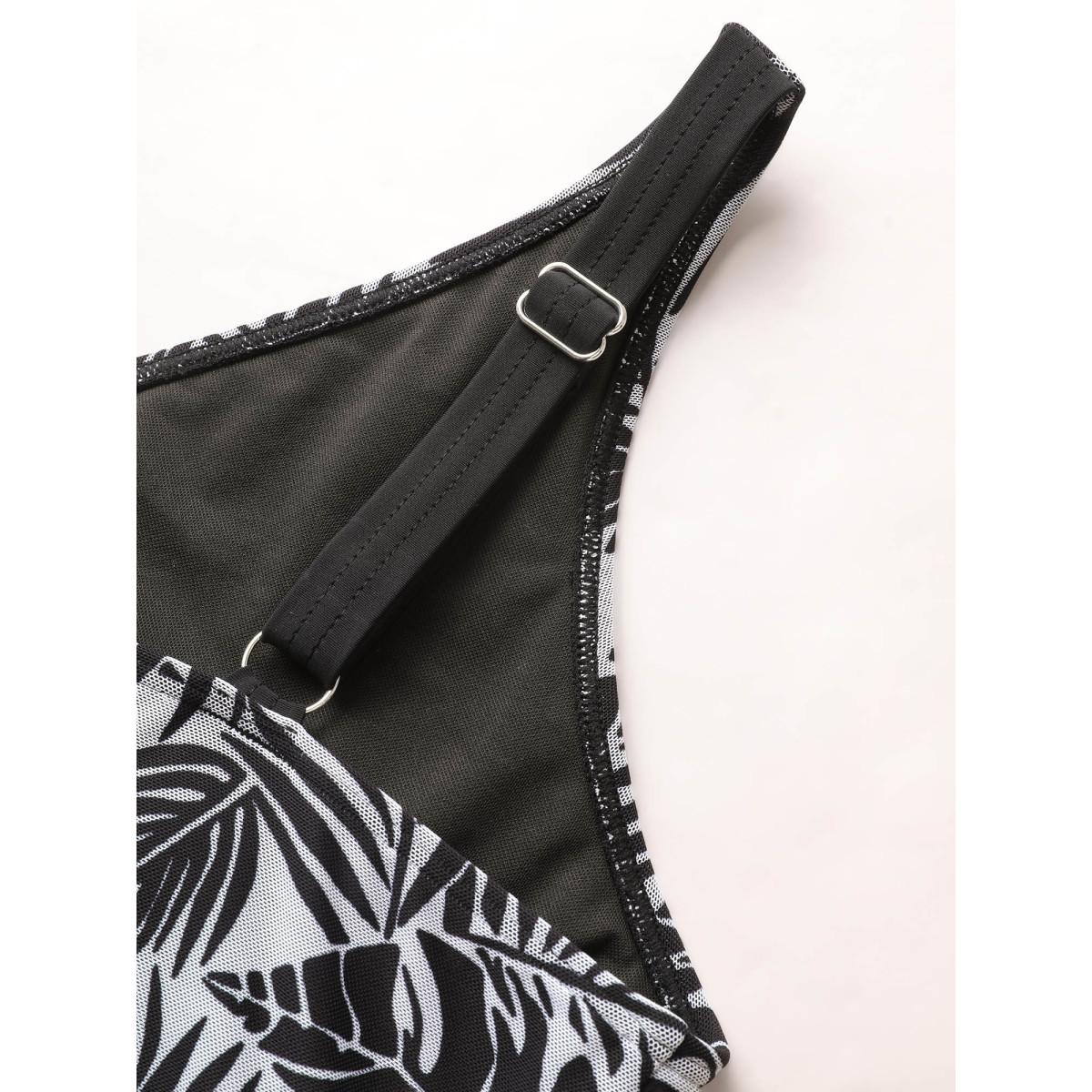 Plus Size Tropical Print Tie Knot Wrap Gathered Swim Dress Women's Swimwear Black Beach Bodycon V-neck High stretch Curve Swim Dresses BloomChic 14-16/1X Product Image