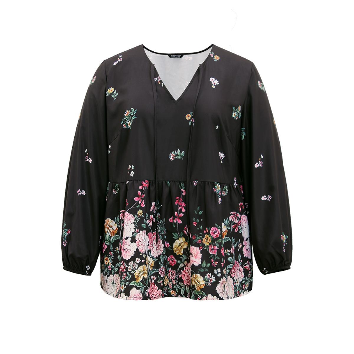 Plus Size BlackFlower Floral Print Tie Neck Blouse Women Elegant Long Sleeve V-neck Dailywear Blouses BloomChic 18-20/2X Product Image