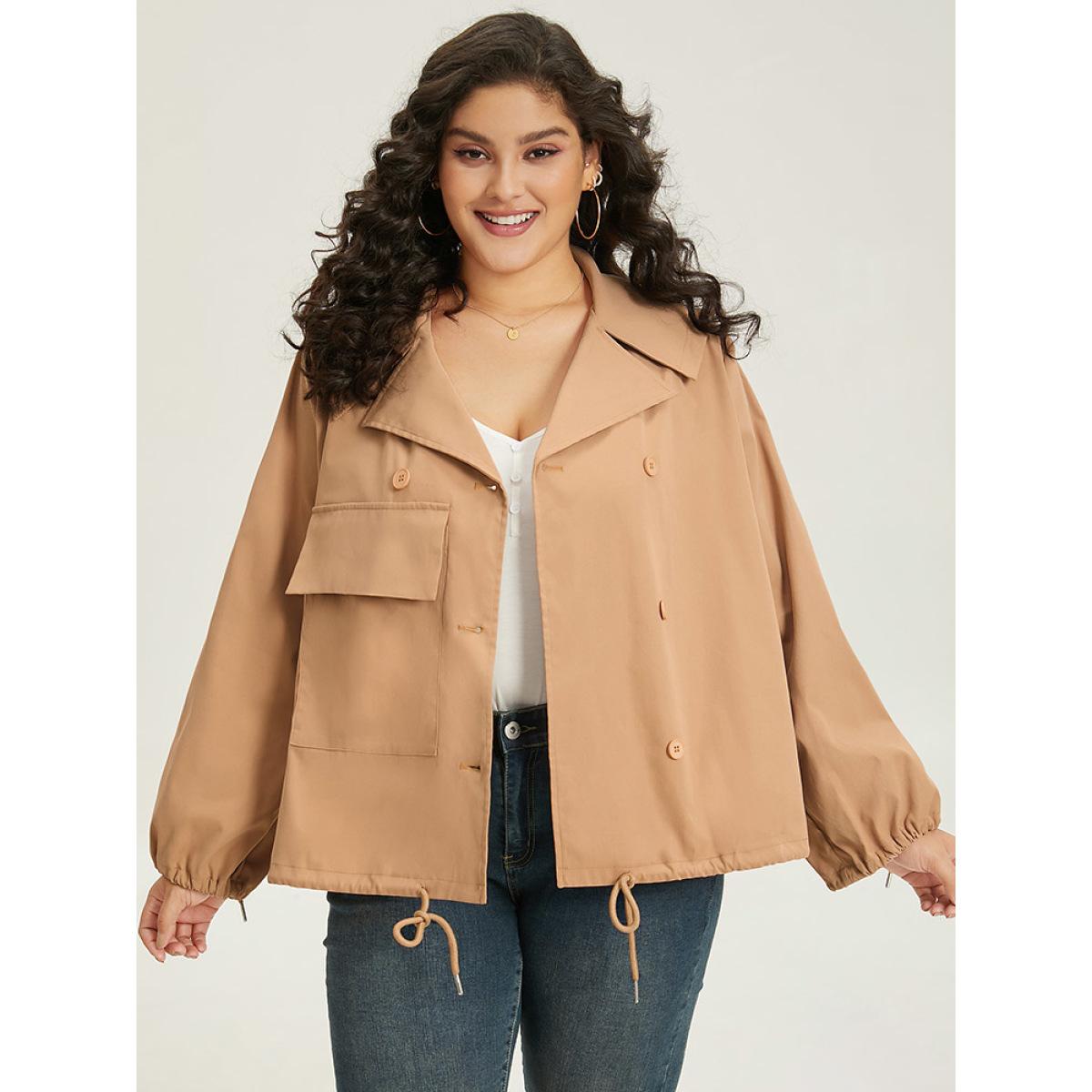 Plus Size Lapel Collar Drawstring Pocket Button Detail Coat Women LightBrown Elastic cuffs Pocket Dailywear Jackets BloomChic 26/4X Product Image
