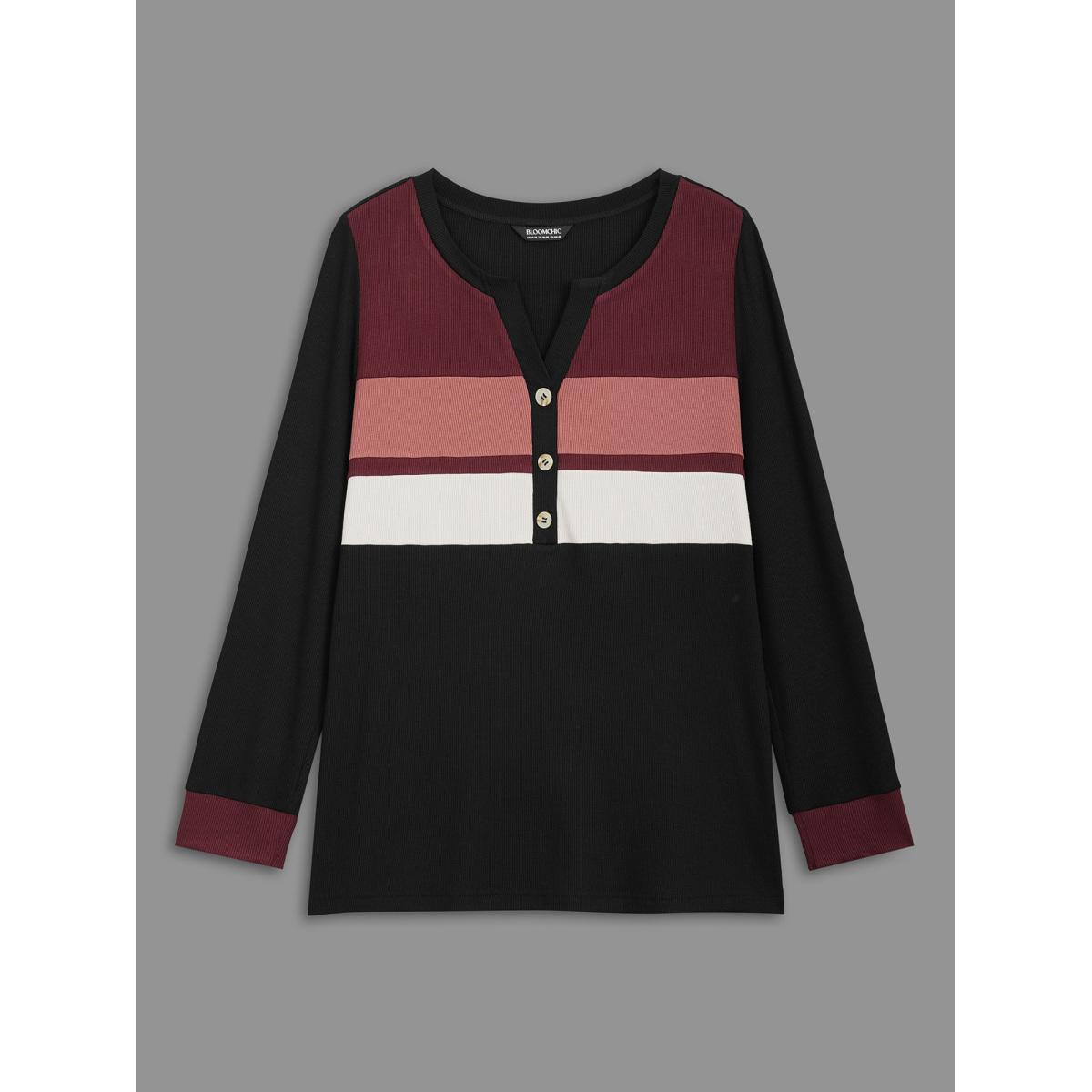 Plus Size Notched Collar Contrast Patchwork Button Up T-shirt Multicolor Women Casual Contrast Notched collar Everyday T-shirts BloomChic 22-24/3X Product Image