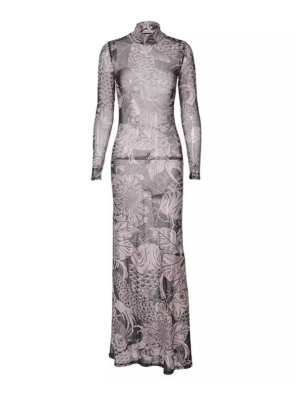 Long Sleeves Skinny Printed See-Through Split-Joint High Neck Evening Dresses Maxi Dresses Product Image