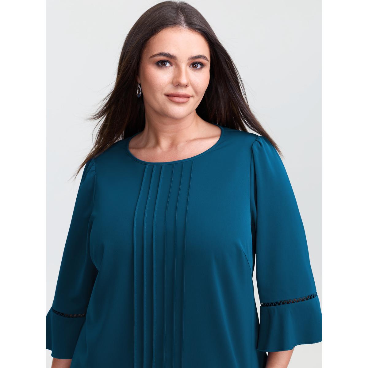 Plus Size Emerald Pleated Lace Trim Sleeve Flowy Blouse Women Office Long Sleeve Round Neck Office Blouses BloomChic 26/4X Product Image