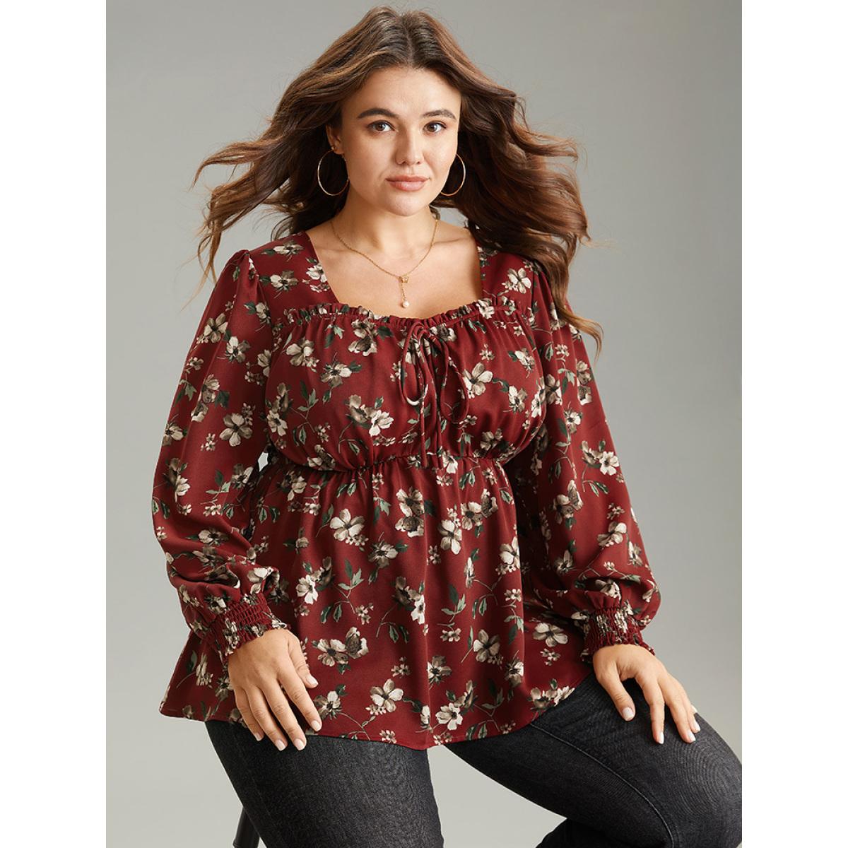 Plus Size Scarlet Ditsy Floral Shirred Ties Square Neck Blouse Women Elegant Long Sleeve Square Neck Dailywear Blouses BloomChic 14-16/1X Product Image