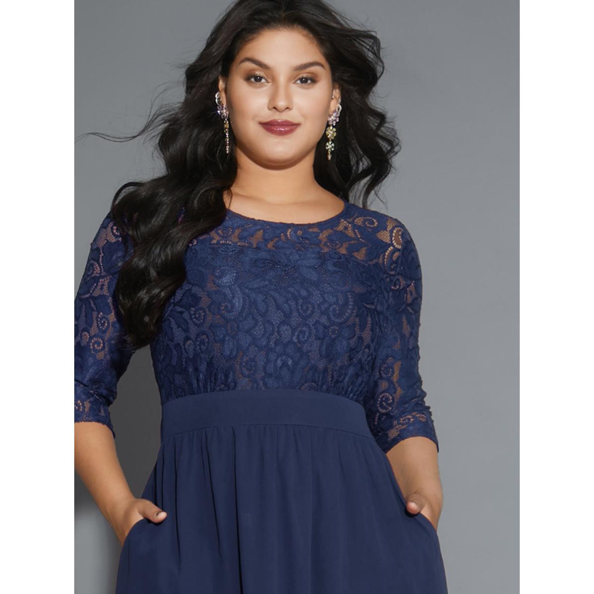 Plus Size Lace Patchwork Shirred Midi Pocket Dress DarkBlue Women Formal Woven ribbon&lace trim Round Neck Elbow-length sleeve Curvy BloomChic 10/M Product Image