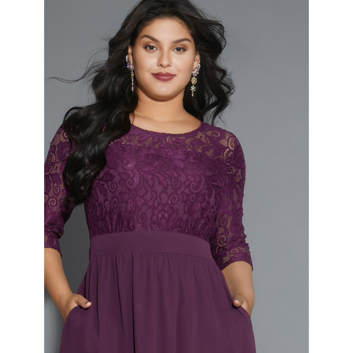 Plus Size Lace Patchwork Shirred Midi Pocket Dress Deeppurplered Women Cocktail Woven ribbon&lace trim Round Neck Elbow-length sleeve Curvy BloomChic 30/6X Product Image