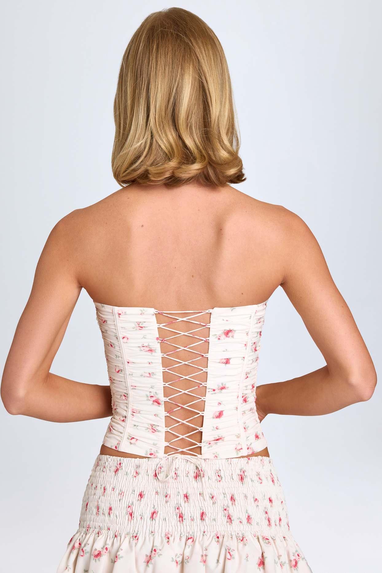 Ruched Lace-Up Corset Top in Small Rose Print Product Image