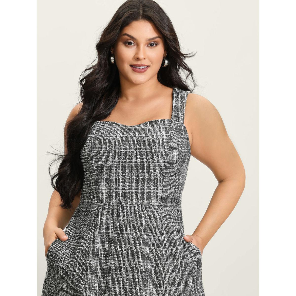 Plus Size Tweed Sweetheart Neck Cinched-Waist Midi Dress Black Women Office Texture Non Sleeveless Curvy BloomChic 28/5X Product Image