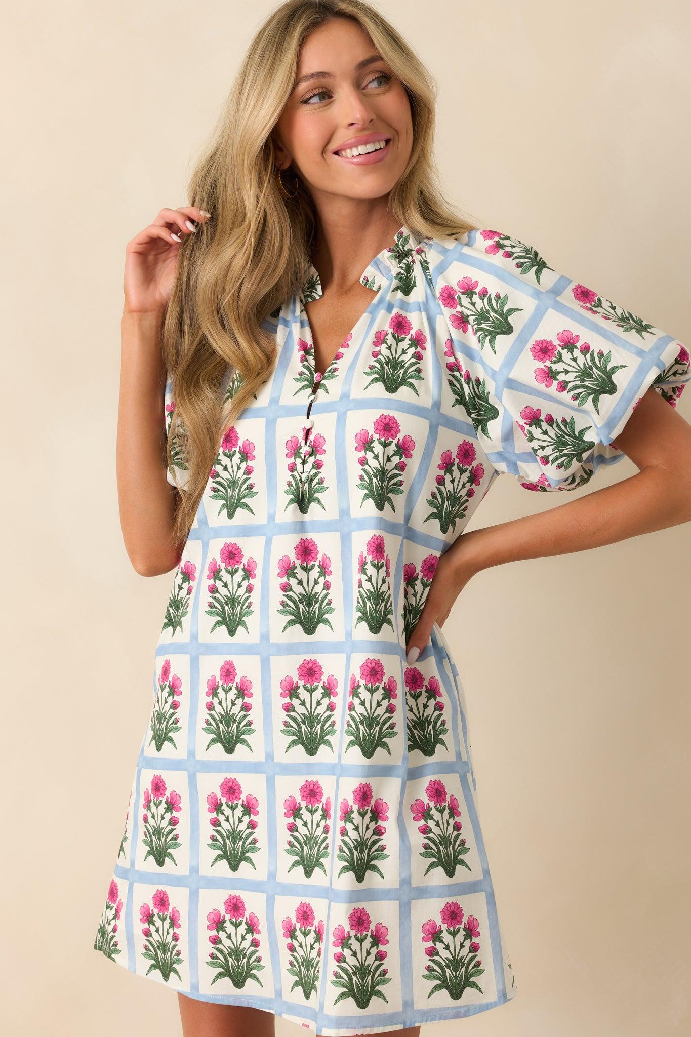 Staying Hopeful Dark Fuchsia Geometric Floral Print Cotton Mini Dress Product Image