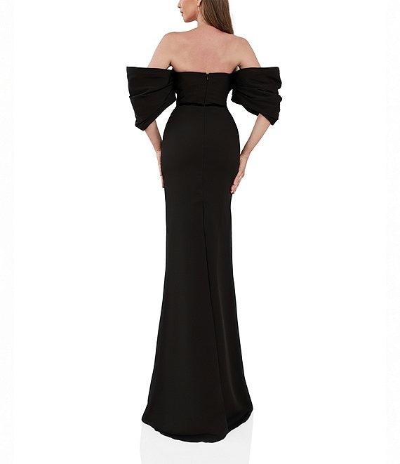 Terani Couture Off-The-Shoulder Draped Short Sleeves Matte Satin Column Gown Product Image