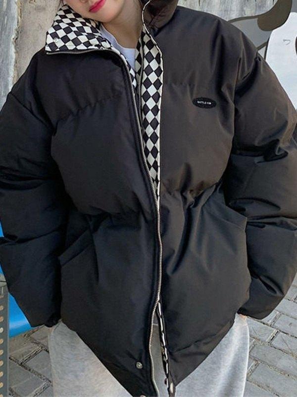 Checkered Collar Zip Up Padded Jacket Product Image