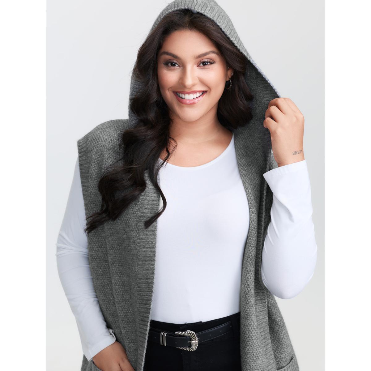 Plus Size Textured Hooded Pocketed Cardigan DarkGray Women Leisure Loose Sleeveless Casual Cardigans BloomChic 30/6X Product Image