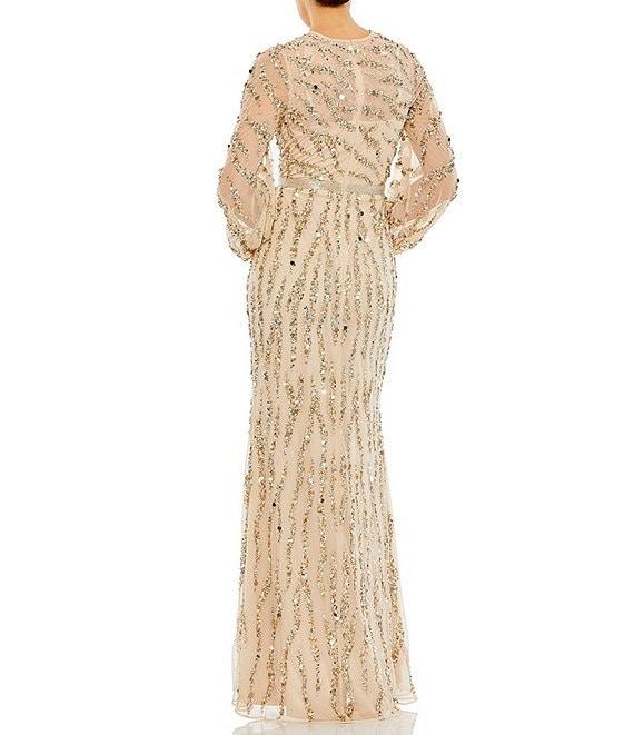 Mac Duggal Beaded Sequin High Crew Neck Long Sheer Puff Sleeve Gown Product Image
