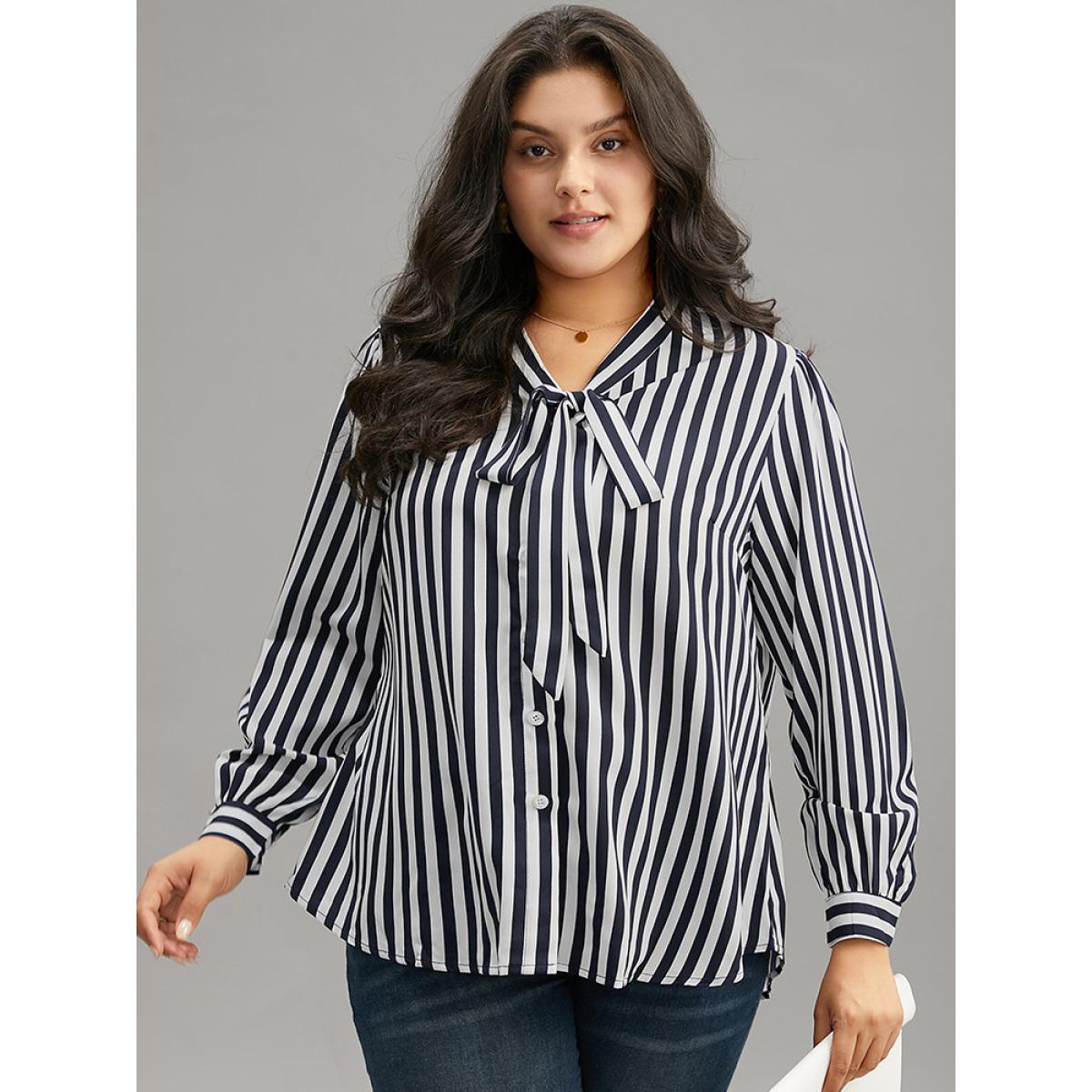 Plus Size Indigo Striped Bowknot V Neck Curved Hem Woven Top Women Office Long Sleeve Shirt collar Office Blouses BloomChic 18-20/2X Product Image