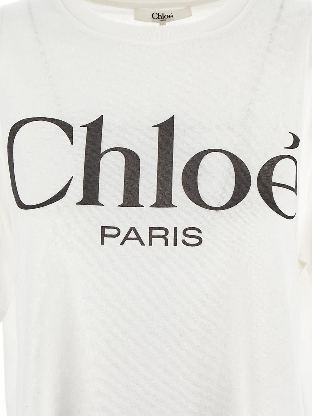 CHLOÉ White Crewneck T-shirt With Logo Print On The Front In Cotton Woman Product Image
