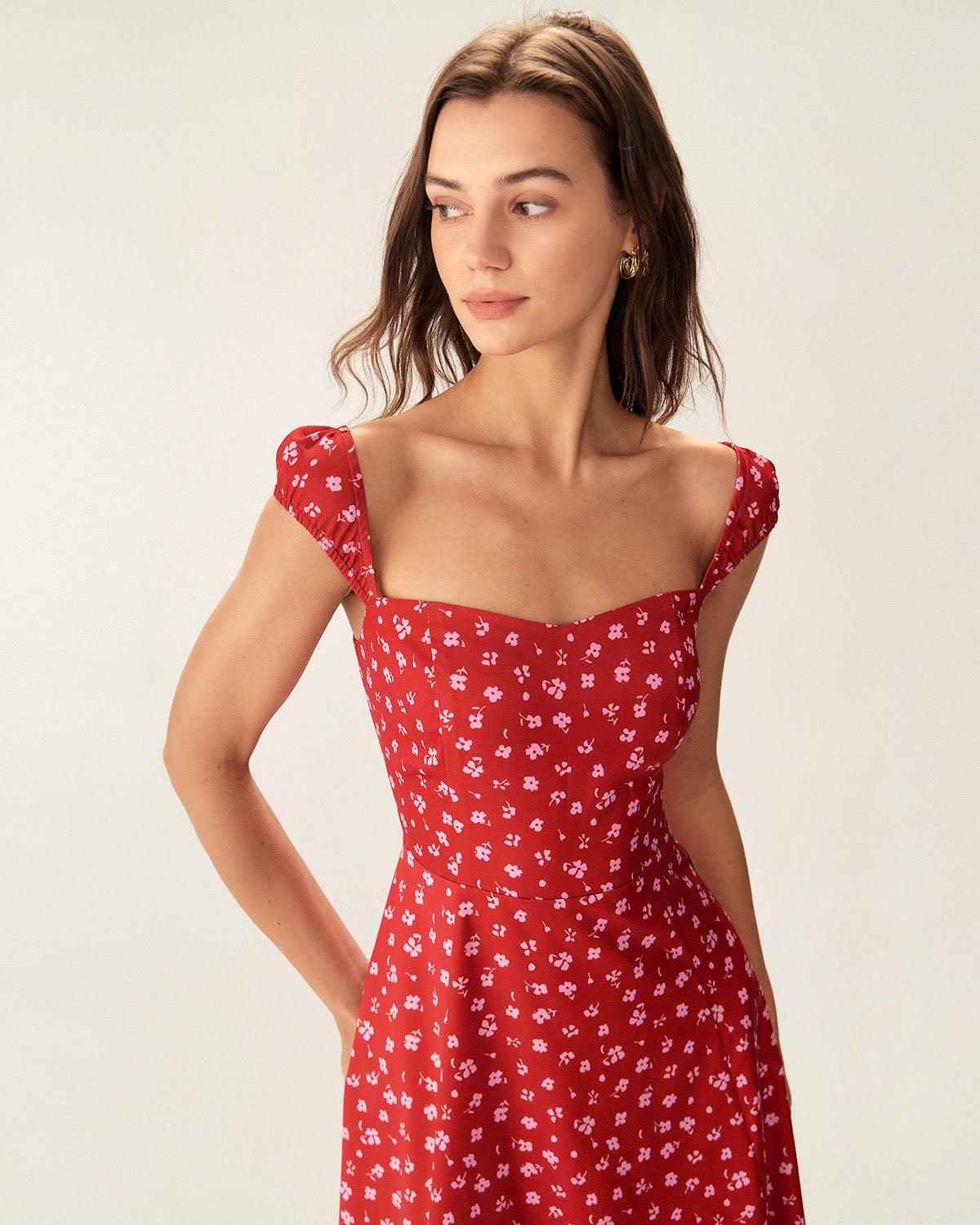 Red Floral Sweetheart Neck Cap Sleeve Midi Dress Product Image