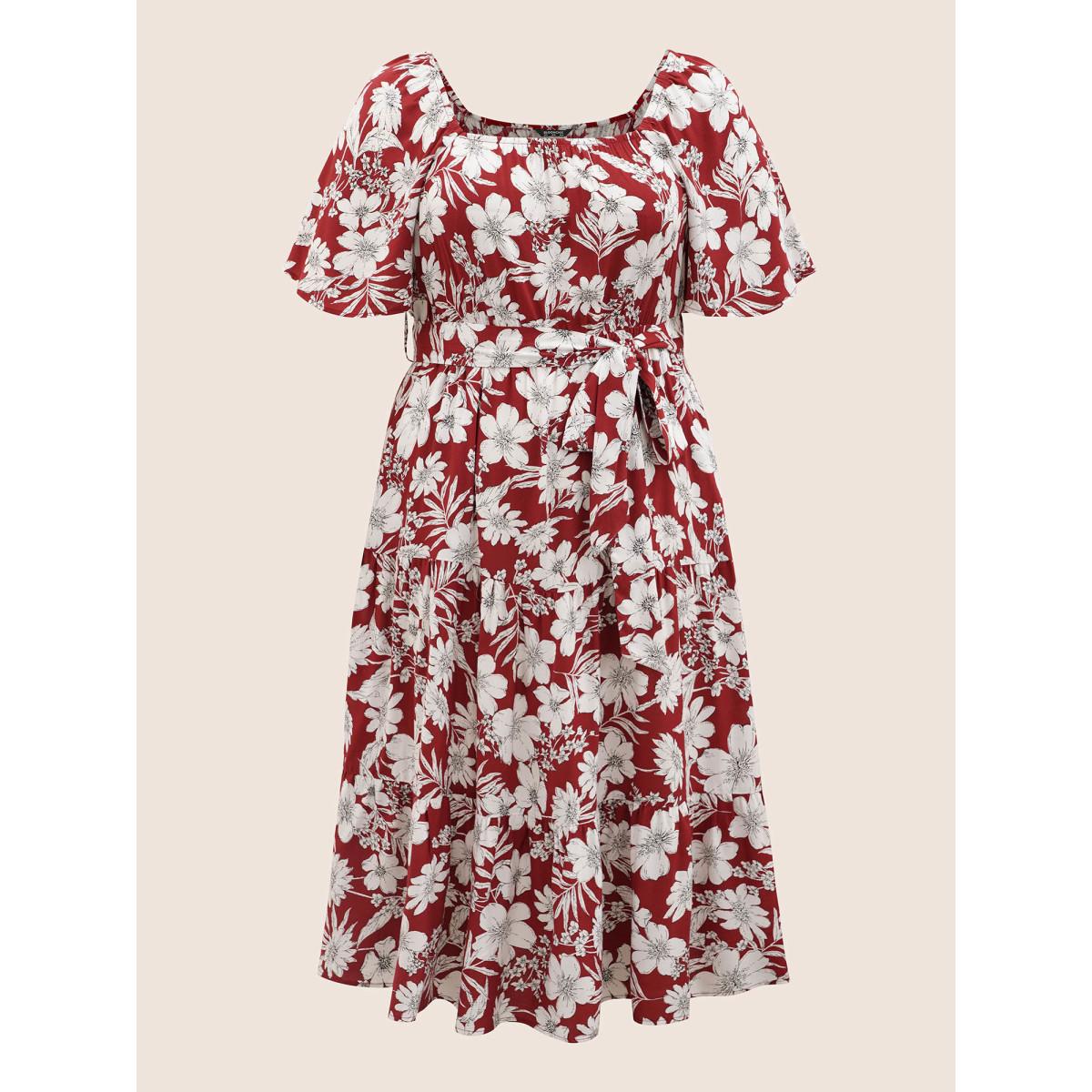Plus Size Square Neck Floral Print Belted Gathered Dress Russet Women Elegant Gathered Square Neck Short sleeve Curvy Midi Dress BloomChic 22-24/3X Product Image