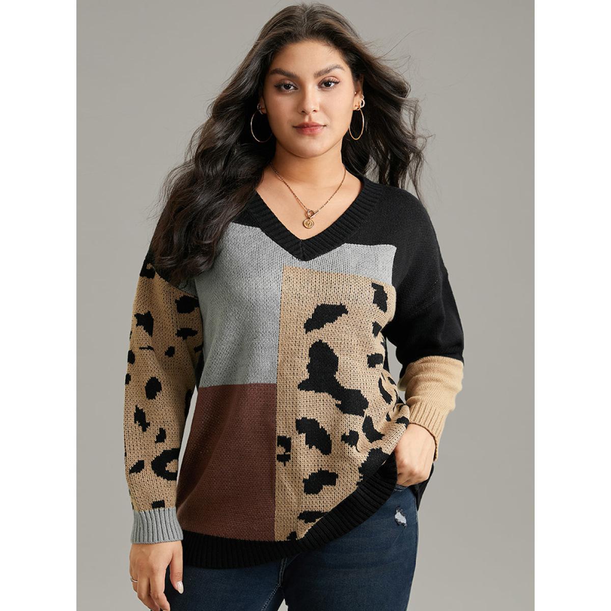 Plus Size Leopard Colorblock Contrast Pullover Black Women Casual Loose Long Sleeve V-neck Everyday Pullovers BloomChic 18-20/2X Product Image