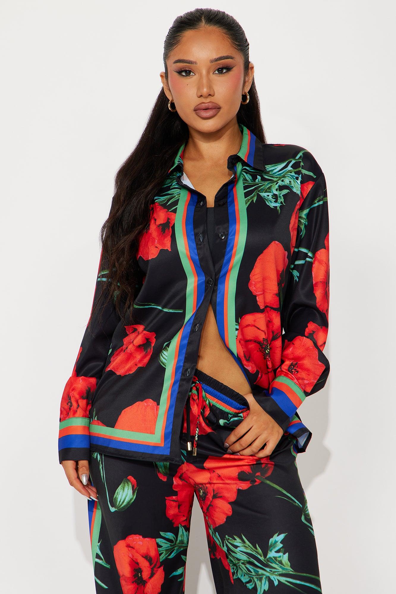 Show Out Floral Satin Pant Set - Black/combo Product Image