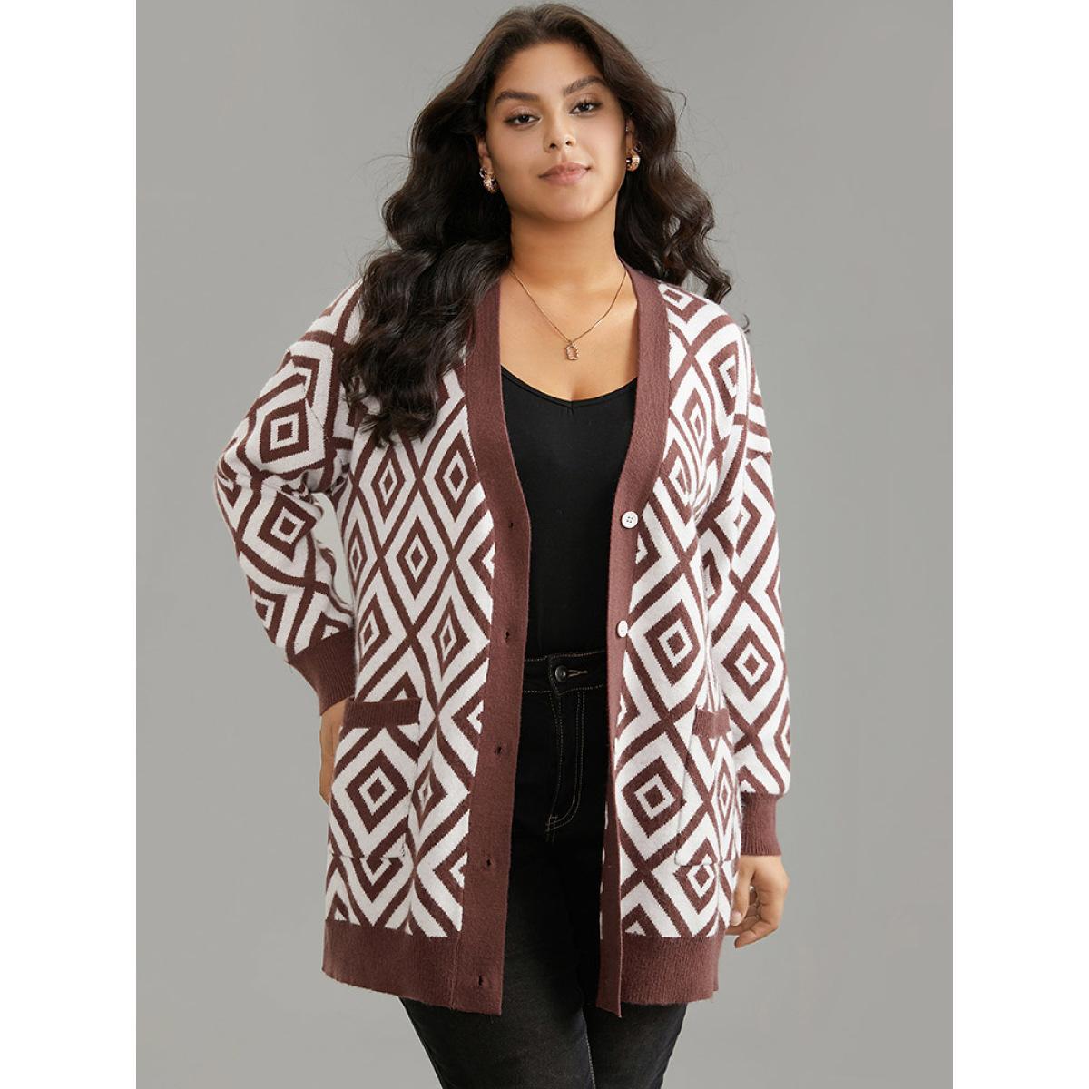 Plus Size Supersoft Essentials Geometric Button Through Cardigan Maroon Women Casual Loose Long Sleeve Dailywear Cardigans BloomChic 18-20/2X Product Image
