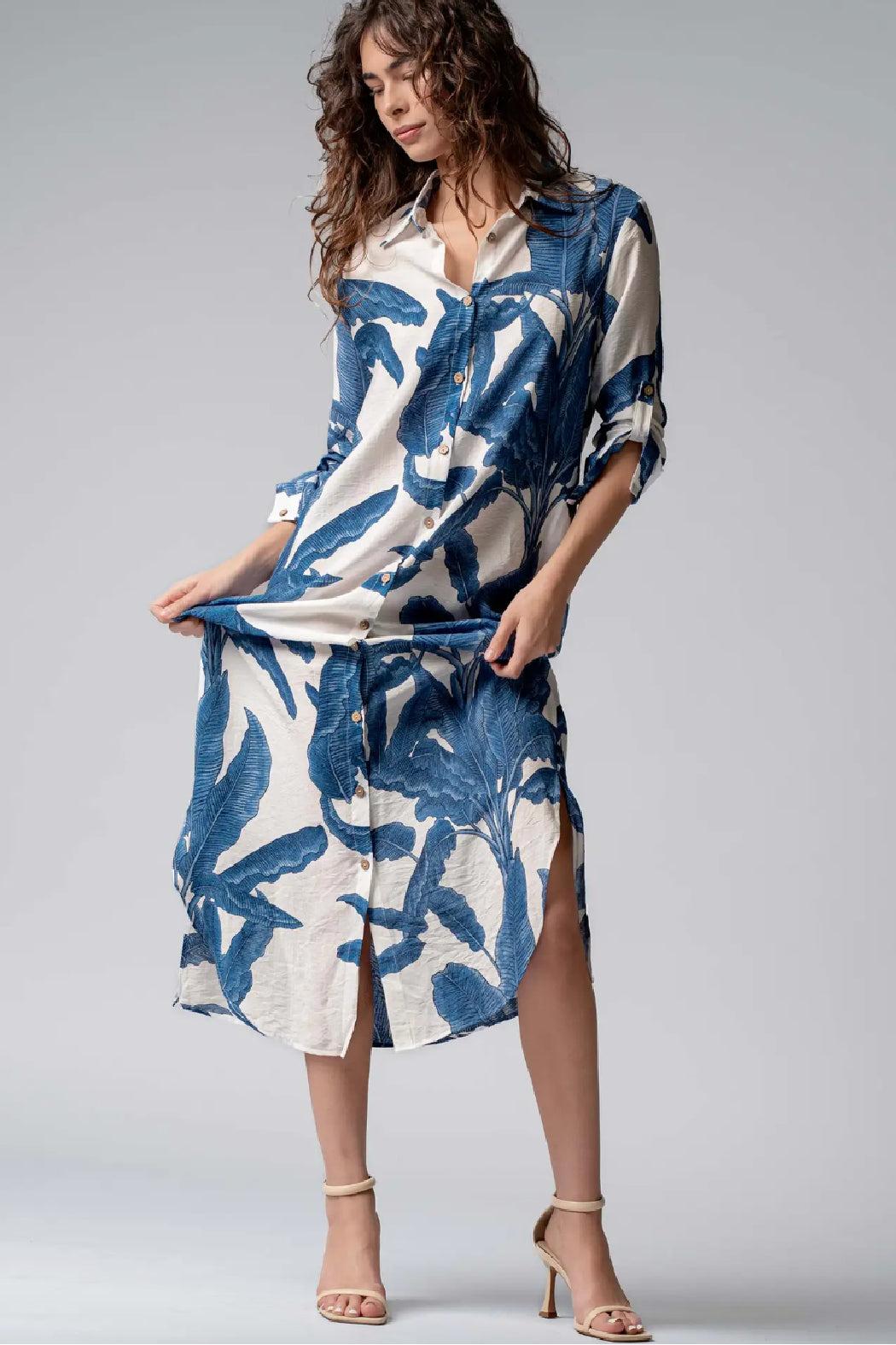 Tropical Paradise Button Down Collared Vacation Dress Product Image