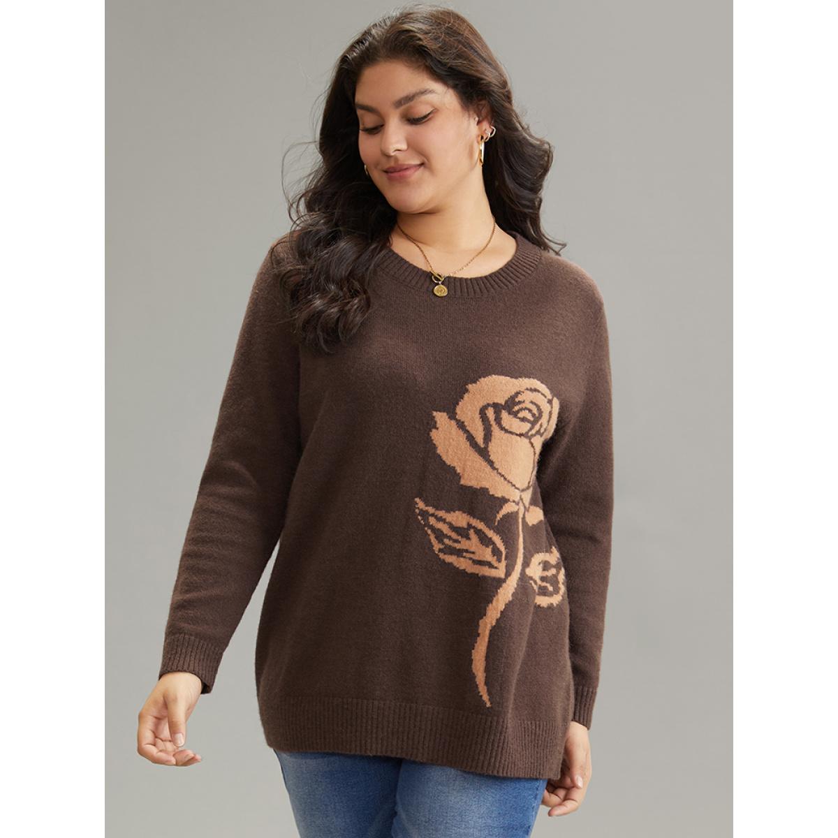 Plus Size Anti-Pilling Floral Graphic Crew Neck Pullover DarkBrown Women Casual Loose Long Sleeve Round Neck Dailywear Pullovers BloomChic 18-20/2X Product Image