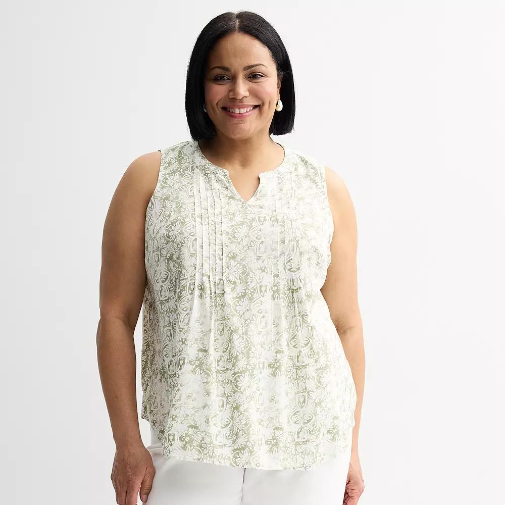 Plus Size Croft & Barrow® Pintuck Sleeveless Shell Top, Women's, Size: 1XL, Green Fancy Tile Product Image