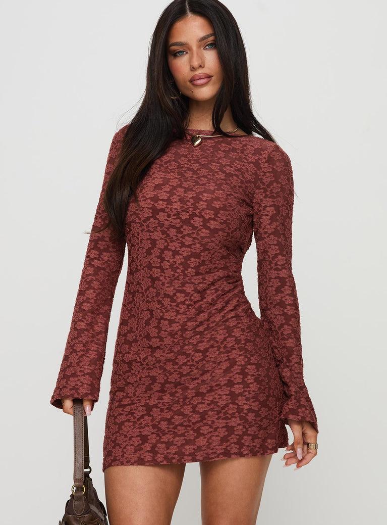 Primrosa Long Sleeve Mini Dress Burgundy Product Image