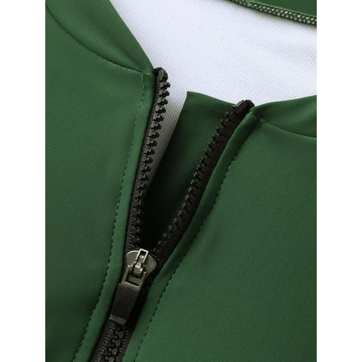 Plus Size Zipper Drawstring Detail Solid Swim Top Women's Swimwear ArmyGreen Beach High stretch Skinny Round Neck Curve Swim Tops BloomChic 18-20/2X Product Image