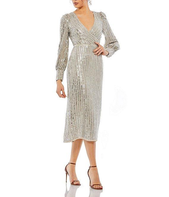 Mac Duggal V-Neck Long Sleeve Sequin Sheath Midi Dress Product Image