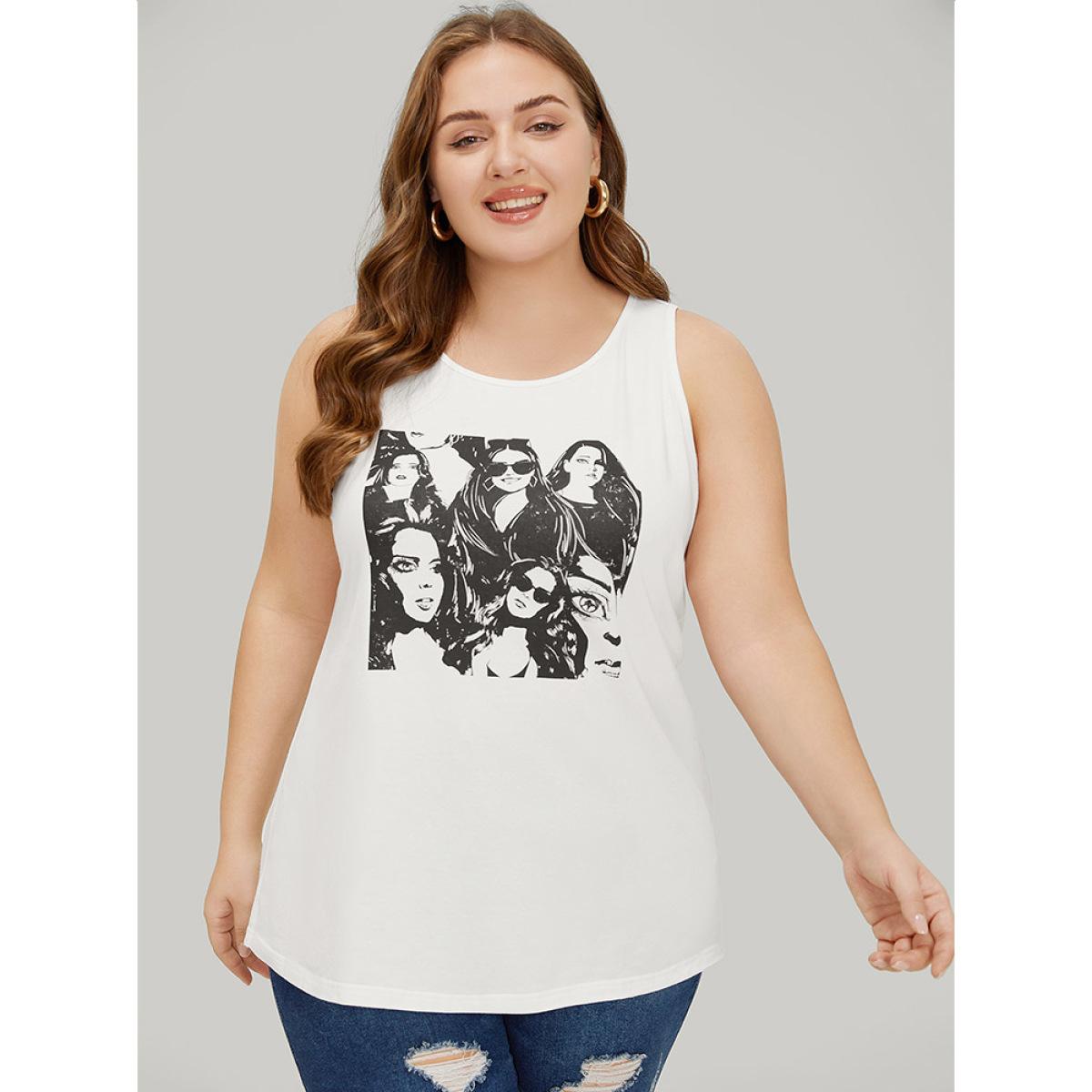 Plus Size Figure Print Sleeveless Tank Top Women White Casual Dailywear Tank Tops Camis BloomChic 28/5X Product Image