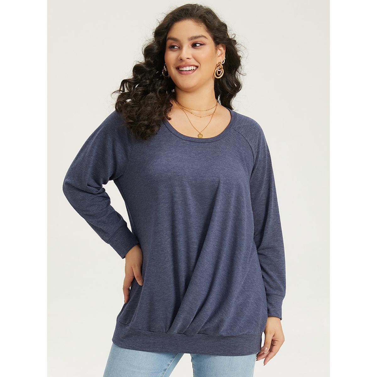 Plus Size Solid Plicated Detail Raglan Sleeve Sweatshirt Women DarkBlue Elegant Elastic cuffs Round Neck Dailywear Sweatshirts BloomChic 18-20/2X Product Image