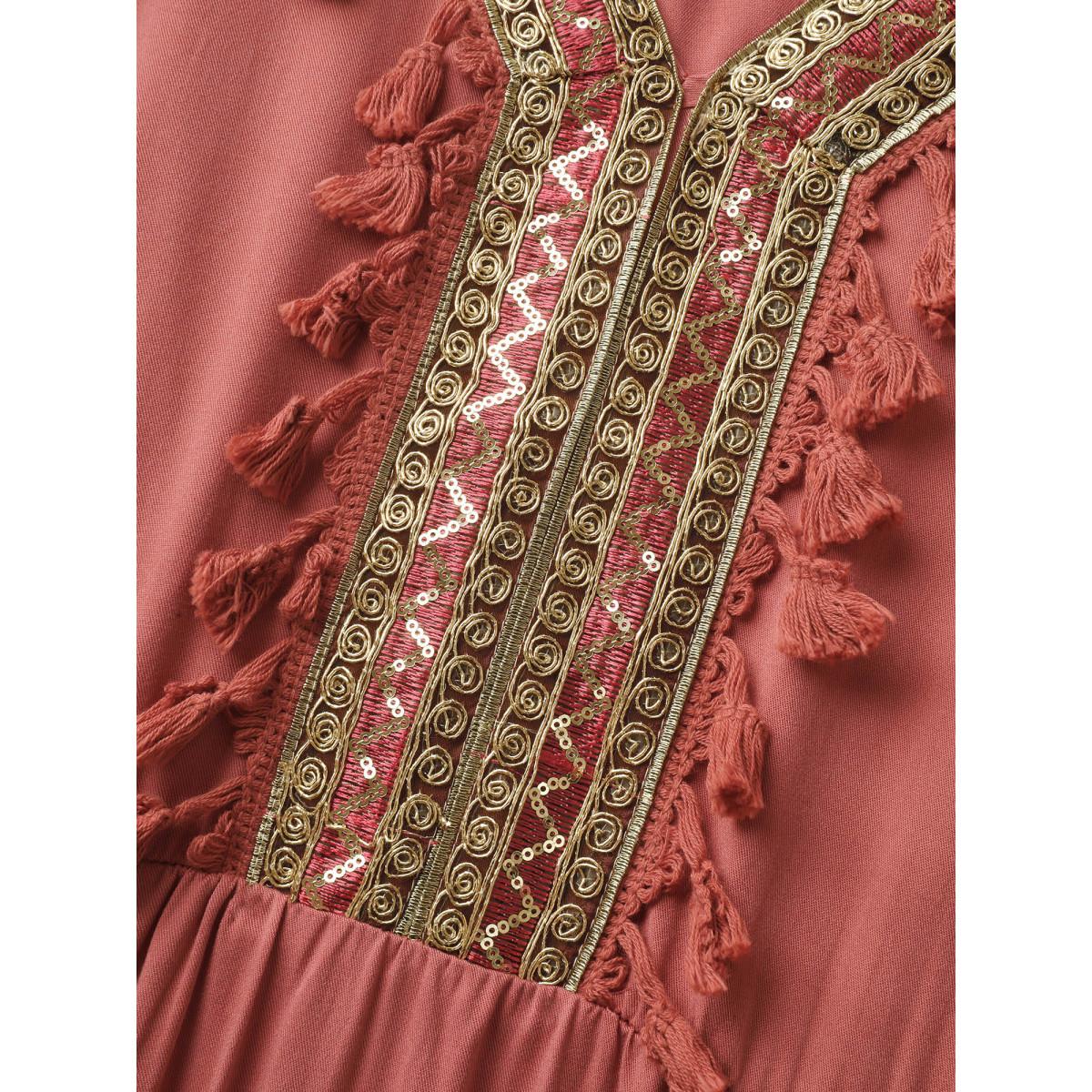 Plus Size Rayon Stretchy Waist Pockets Midi Dress Rust Women Boho V-neck Half Sleeve Curvy BloomChic 30/6X Product Image