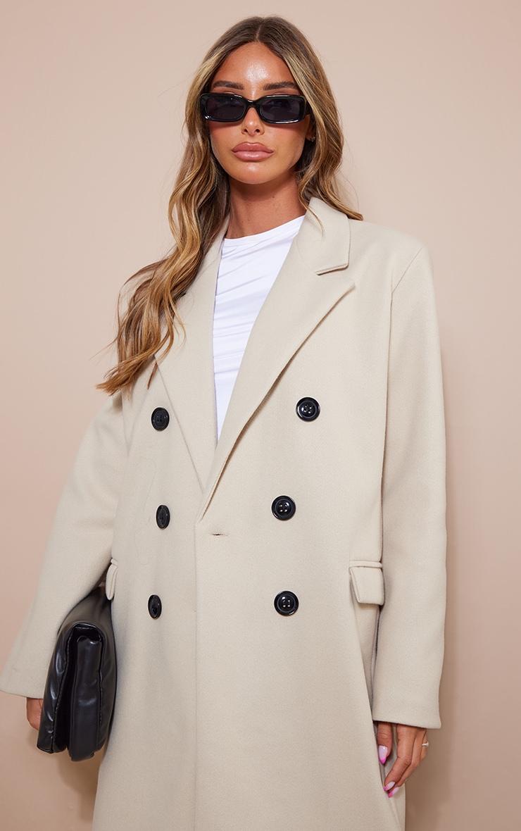 Stone Double Breasted Wool Look Overcoat Product Image