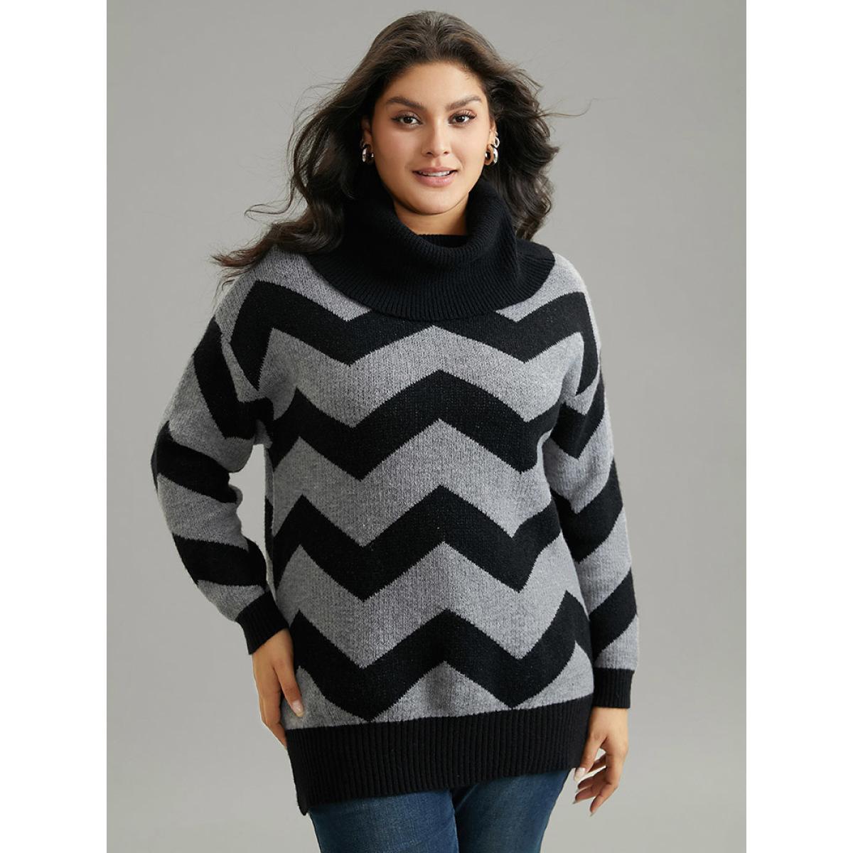 Plus Size Geo Striped Turtle Neck Drop Shoulder Pullover Black Women Casual Loose Long Sleeve Turtleneck Dailywear Pullovers BloomChic 18-20/2X Product Image