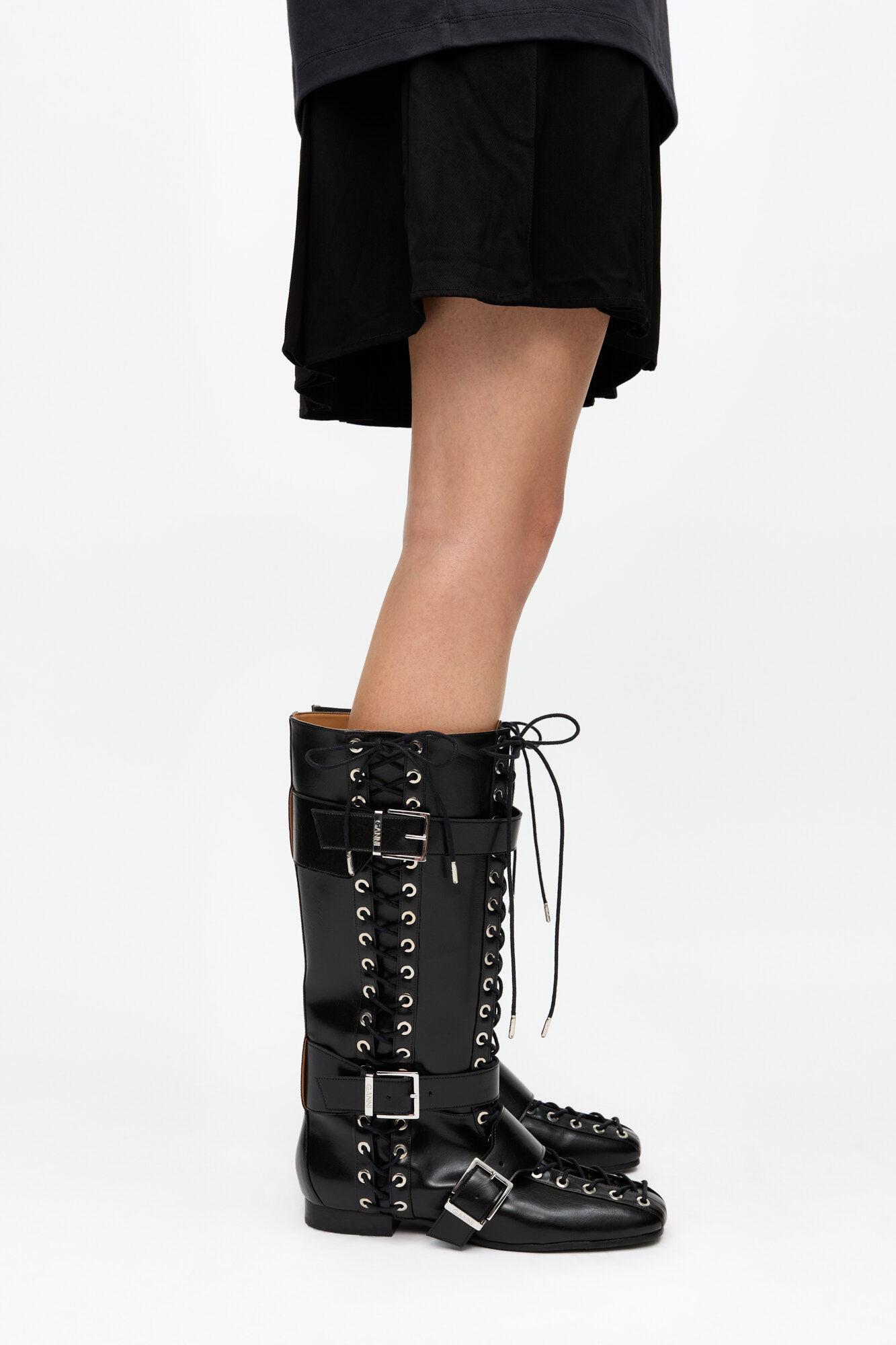 Black Crinkle Oleatex Lace-Up High Boots Product Image