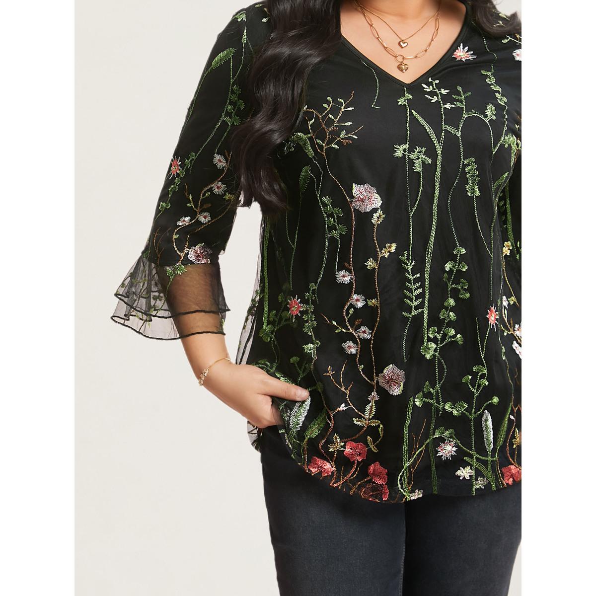 Plus Size Black Embroidered Mesh Lotus Leaf Sleeve Blouse Women Elegant Elbow-length sleeve V-neck Everyday Blouses BloomChic 28/5X Product Image