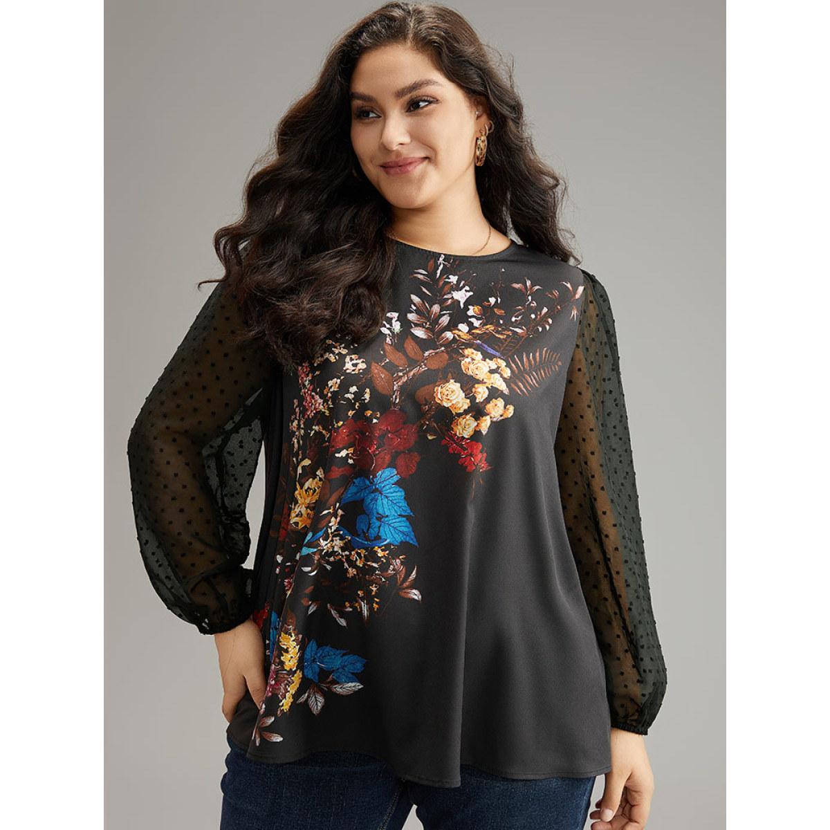 Plus Size Black Boho Print Patchwork Mesh Lantern Sleeve Blouse Women Elegant Long Sleeve Round Neck Dailywear Blouses BloomChic 18-20/2X Product Image