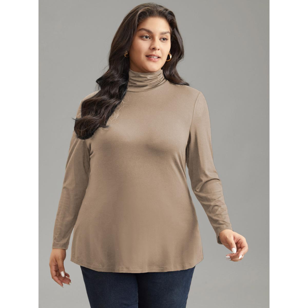Plus Size Supersoft Essentials Solid Funnel Neck Knit T-shirt LightBrown Women Elegant Plain Plain Ruffled collar Bodycon Dailywear T-shirts BloomChic 26/4X Product Image