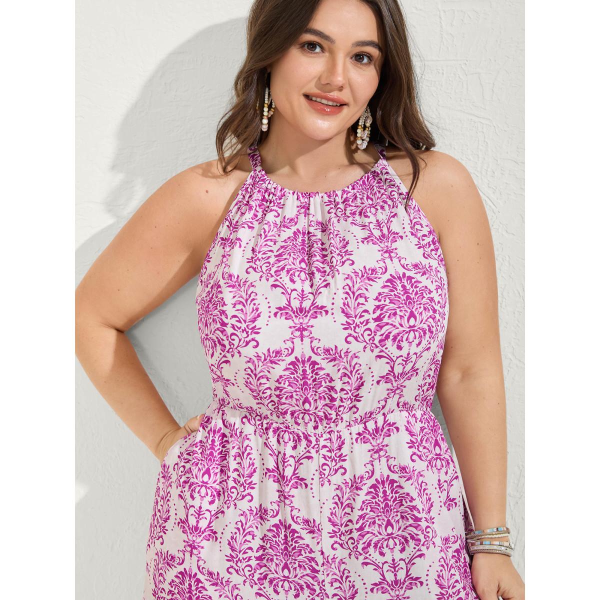 Plus Size Lilac Rayon Damask Print Stretchy Waist Jumpsuit Women Boho Sleeveless Halter neck Vacation Loose Jumpsuits BloomChic 22-24/3X Product Image