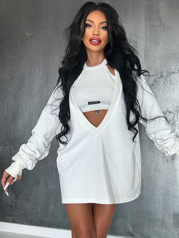 Loose Solid Color Round-Neck Mini Dresses & Vest Top Two Pieces Set  Product Image