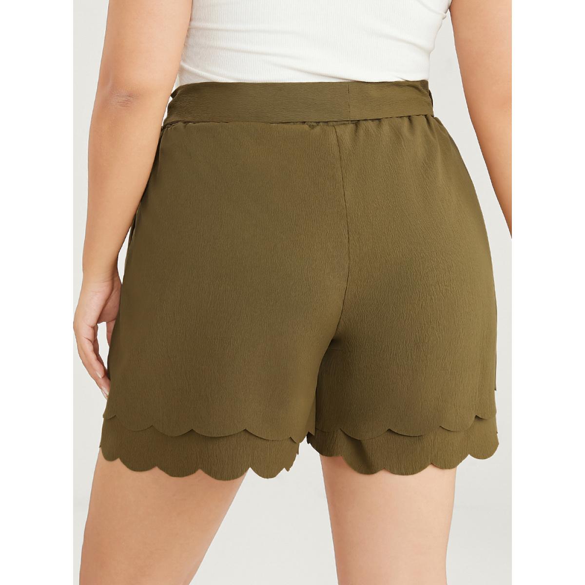Plus Size Solid Belted Pocket Scalloped Trim Tiered Shorts Women ArmyGreen Casual Dailywear Shorts BloomChic 22-24/3X Product Image