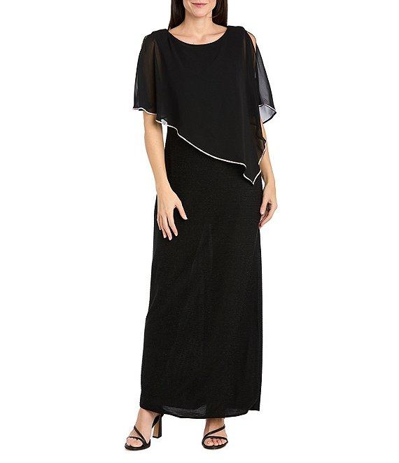 R & M Richards Crew Neck Short Sleeve Poncho Metallic Trim Overlay Popover Gown Product Image