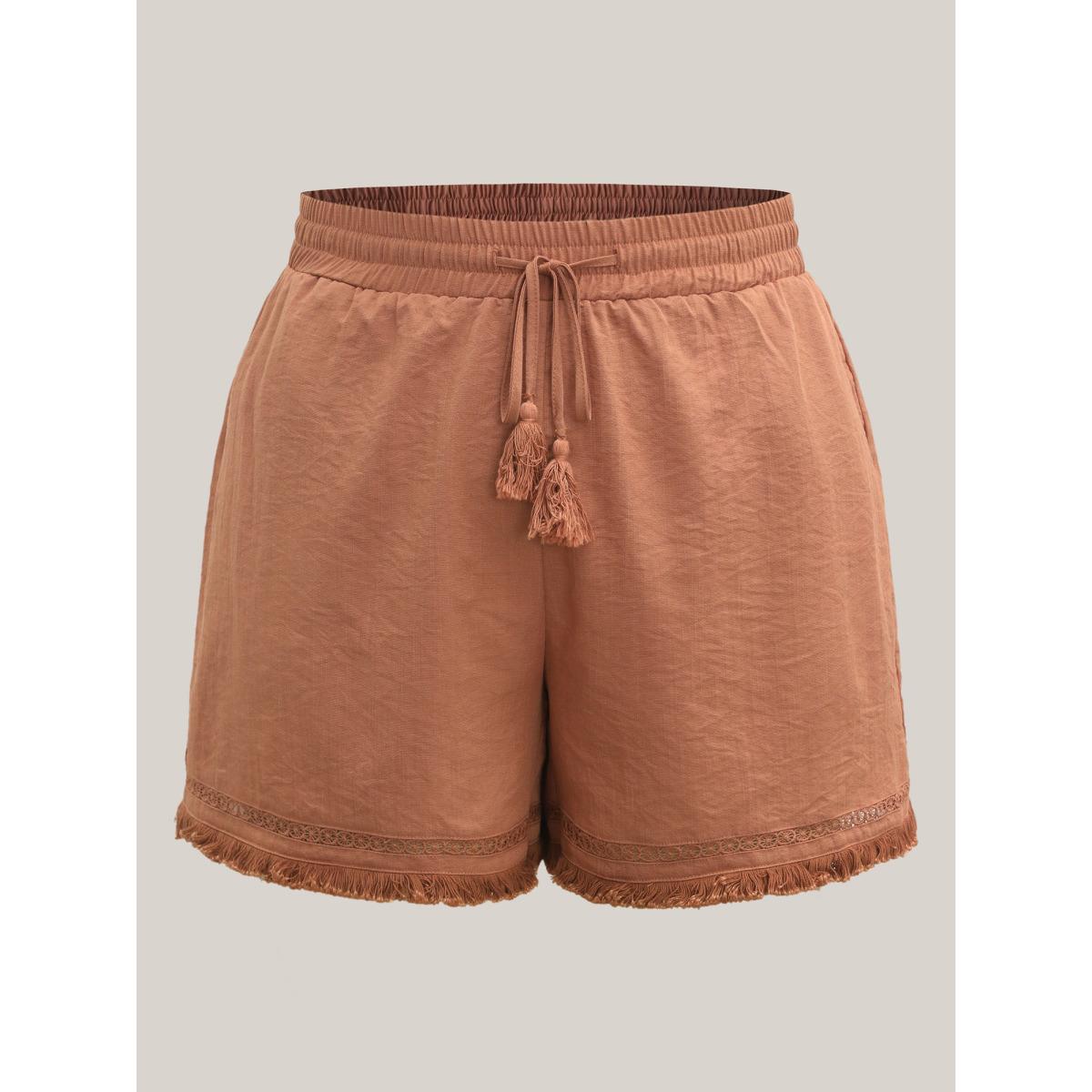 Plus Size Tassel Hem Solid Shorts Women Rust Resort Tassels Wide Leg Vacation Shorts BloomChic 30/6X Product Image