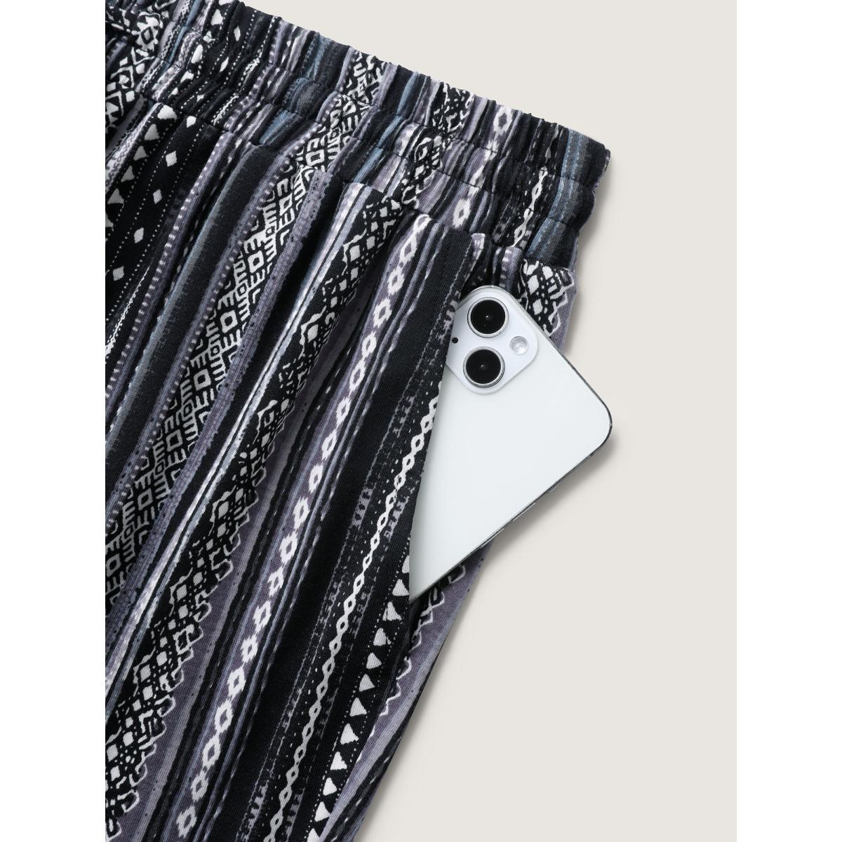 Plus Size Stretchy Boho Stripes Straight-Leg Pants Women Black Leisure Straight Leg Mid Rise Casual Pants BloomChic 18-20/2X Product Image