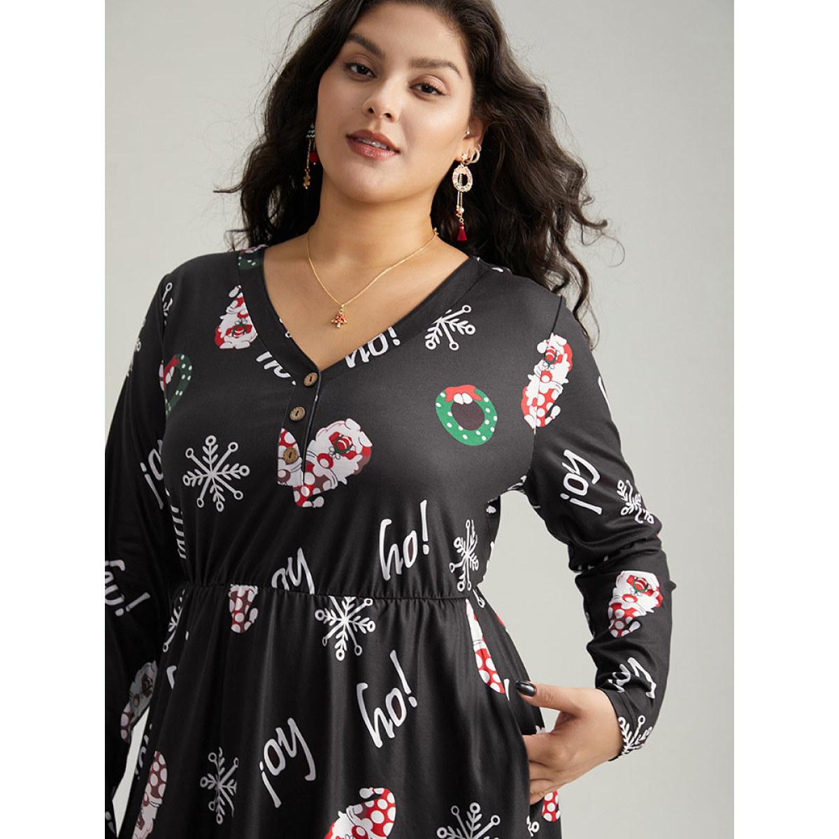 Plus Size Christmas Graphic Button Detail Dress Black Women Elegant Gathered V-neck Long Sleeve Curvy Midi Dress BloomChic 14-16/1X Product Image