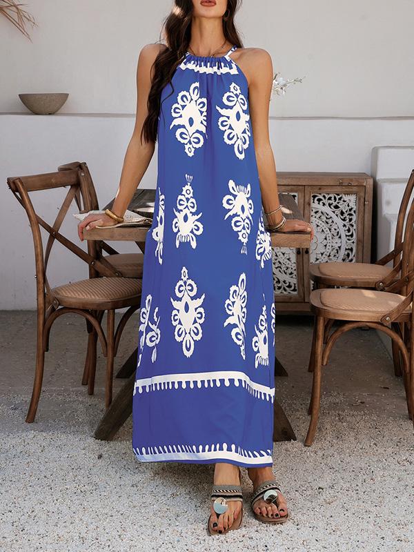 A-Line Loose Contrast Color Halter-Neck Maxi Dresses Product Image